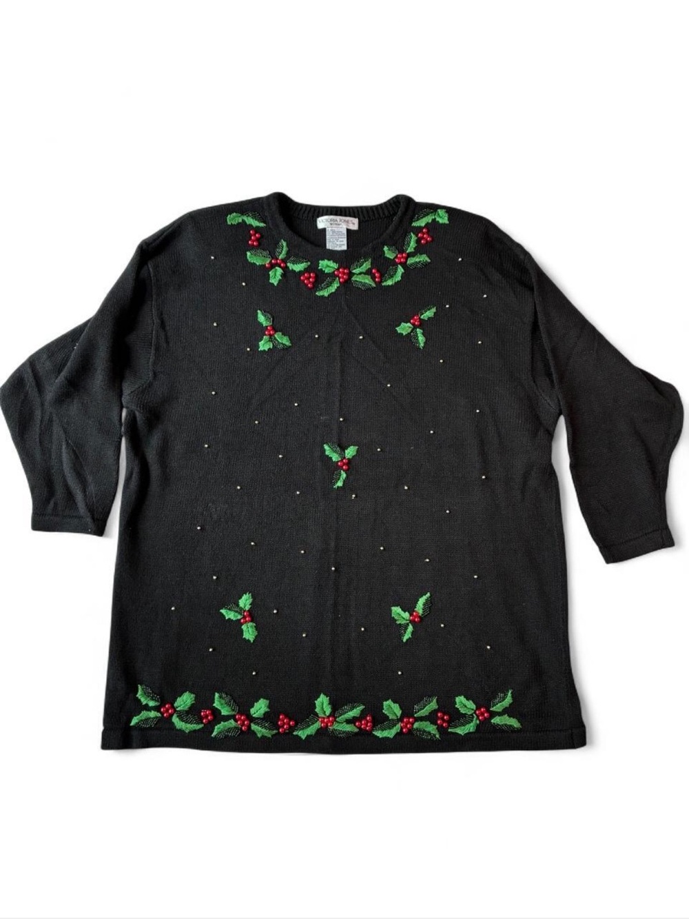 Victoria Jones vintage Holiday Embroidered and Beaded Sweater with Holly 4X
